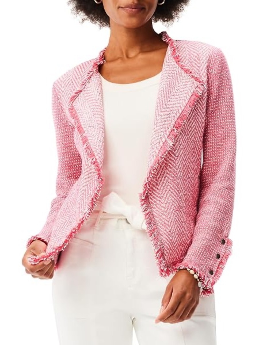 NIC+ZOE Fringe Mix Knit Tweed Jacket Blazer Pink White Size Medium
